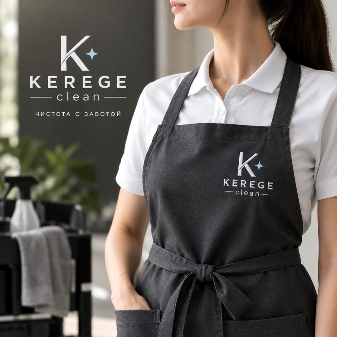 Сотрудница Kerege Clean в белой рубашке и фирменном тёмном фартуке
